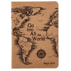 A lightweight inspirational notebook featuring the quote Go Into All the World on a rustic brown kraft paper hardcover, perfect for use as a faith-based notepad and jotter for daily notes.