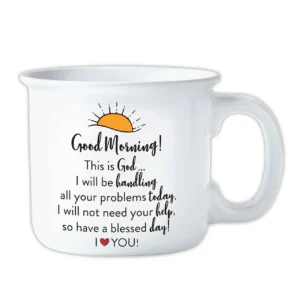 A rustic campfire-style coffee mug featuring a sunrise design and an uplifting faith-based message, perfect for morning devotional time.