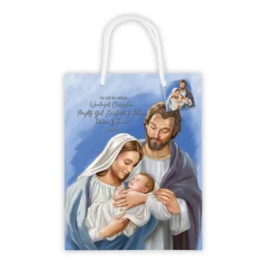 A sturdy Christmas gift bag featuring a modern artistic illustration of the Holy Family from the Wondrous Love collection, perfect for holiday religious presents.