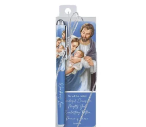 A decorative gift pen and matching bookmark featuring a modern Holy Family illustration, perfect for Christmas gifts and religious stationery collections.