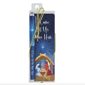 A decorative Christmas gift pen and matching bookmark featuring a modern Nativity scene illustration, perfect for religious holiday gifting.