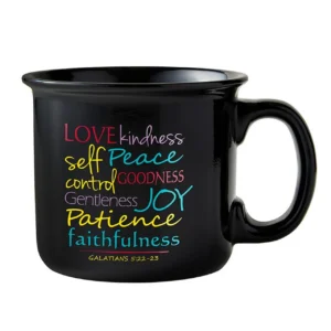A rustic campfire-style mug featuring the Fruit of the Spirit scriptures from Galatians, perfect for daily coffee or tea drinking as a decorative and functional piece of kitchenware.