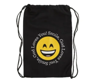 A colorful children's drawstring bag featuring the cheerful text Smile God Loves You, ideal as a practical gift or religious event giveaway within our tote bags and pouches collection.