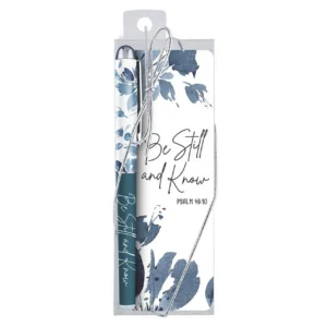 A decorative gift pen and matching bookmark featuring Psalm 46:10 artwork from the Be Still and Know collection, perfect for faith-based stationery gift sets.