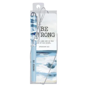 A decorative gift pen and matching bookmark set from the Be Strong collection featuring Ephesians 6:10 artwork by Jetty Homes, ideal for religious gifts and stationery collections.