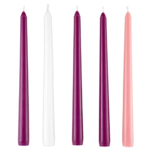 A set of five 10-inch deluxe taper candles for Advent calendars, featuring traditional religious colors for the holiday season.