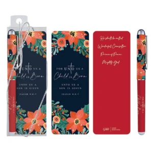 A decorative Christian Christmas gift pen and coordinating scripture bookmark featuring the For Unto Us a Child is Born design