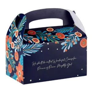 A decorative Christmas gift treat box featuring the For Unto Us a Child is Born religious holiday design, perfect for seasonal gifting.