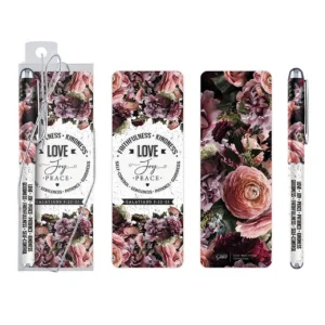 A decorative gift pen and matching bookmark set from the Fruit of the Spirit collection featuring elegant Christian stationery design inspired by Galatians 5.
