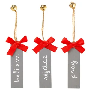 A set of twelve rustic wooden plank ornaments featuring inspirational text, perfect for hanging on Christmas trees as seasonal religious Christmas gifts.