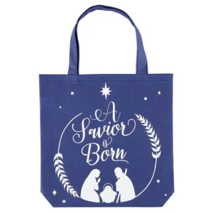 A reusable canvas Christmas gift bag featuring a Holy Family illustration and the Luke 2:11 scripture verse, perfect for carrying religious holiday presents.