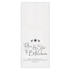 Decorative kitchen tea towel from the Christmas gifts collection featuring Stephanie Ryan artwork of the Star of Bethlehem and the Magi.