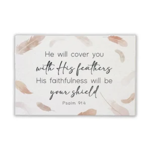 A decorative pocket-sized prayer card featuring scripture about feathers and divine protection, designed as an evangelical pass-it-on card for sharing faith.