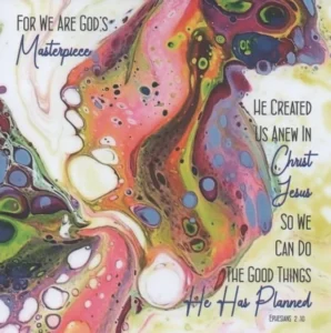 A vibrant greetings card by Lesley Hollingworth featuring artistic typography of the phrase We Are God's Masterpiece, perfect for religious or inspirational occasions.