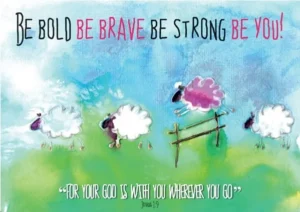 Vibrant and colorful Be Bold, Be Brave greetings card by artist Lesley Hollingworth, featuring a blank interior for personal messages in a standard 120mm by 170mm size.
