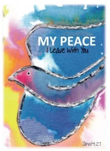 Vibrant religious greetings card featuring the quote My Peace I Leave With You by artist Lesley Hollingworth, presented as a blank-inside stationery note card.