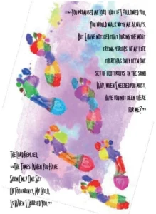 A vibrant greetings card featuring a scenic footprints design by artist Lesley Hollingworth, presented as an open-style blank note card for personal messages.