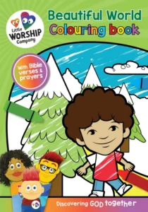 A vibrant children's colouring book from the Little Worship Company collection featuring illustrations of the natural world, designed as a faith-based educational resource for kids.