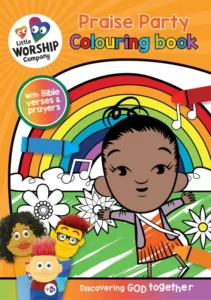 A creative Little Worship Company praise party themed activity book for children featuring engaging religious illustrations to colour.