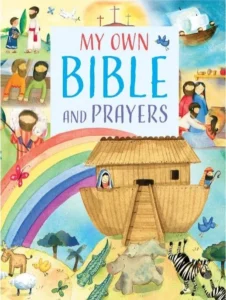 A beautifully illustrated children's Bible and prayer collection featuring a protective padded cover and a dedicated family keepsake page.