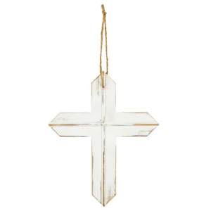 A rustic-style 11-inch white wooden hanging cross plaque, designed to be a decorative wall accent for homes.