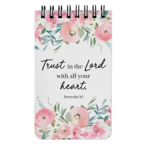 A decorative spiral notepad for jotting notes featuring vibrant full-color artwork and the Bible verse Proverbs 3:5 on the cover.