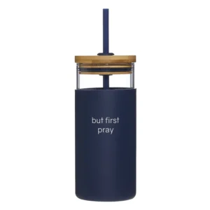 Boxed Glass & Bamboo Tumbler with Straw - But First Pray
