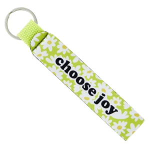A durable neoprene and nylon strap keyring featuring the inspirational phrase Choose Joy, designed as a meaningful Christian gift accessory.