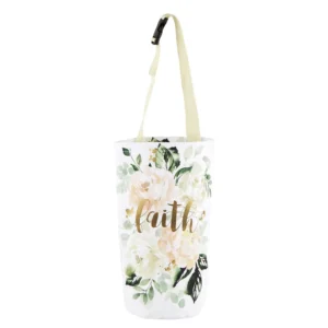 A durable polyester faith-themed car rubbish bag from our collection of car-friendly tote bags and pouches hanging neatly from a vehicle headrest.