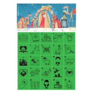A festive scratch and reveal advent calendar designed for holiday countdowns, featuring interactive scratch-off symbols for each day leading up to Christmas.