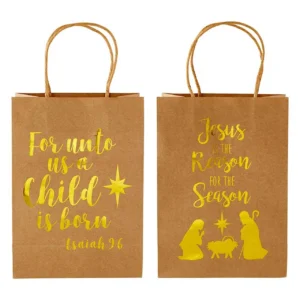 Set of two festive Christmas gift bags made from brown kraft paper featuring elegant gold foil stamped holiday designs for seasonal present packaging.
