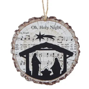 Rustic wood slice Christmas ornament featuring O Holy Night sheet music print, perfect as a decorative Christmas gift for festive holiday trees.