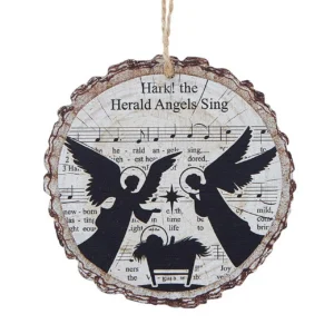 Rustic wood slice Christmas gift featuring hand-lettered Hark the Herald Angels Sing lyrics hanging on a festive tree branch.