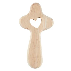 A smooth, handcrafted wooden holding cross with a delicate heart-shaped cutout in the center, designed for comfort as a thoughtful Christian gift.