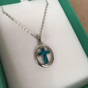 Inlaid Paua Shell Circled Cross Pendant in Blue