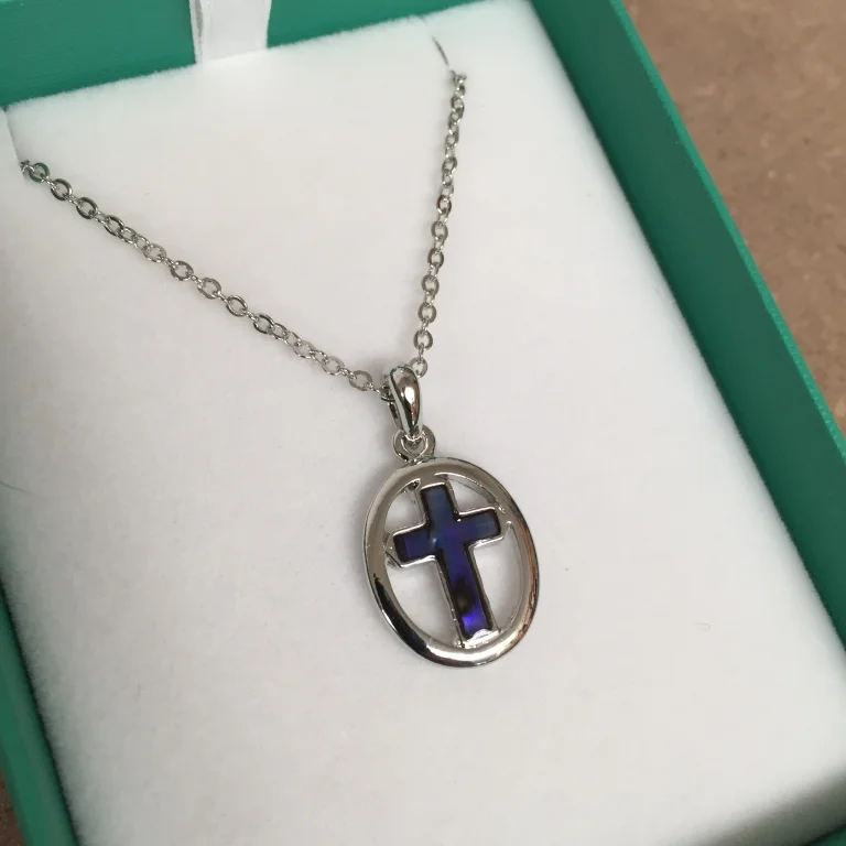 Inlaid Paua Shell Circled Cross Pendant in Purple