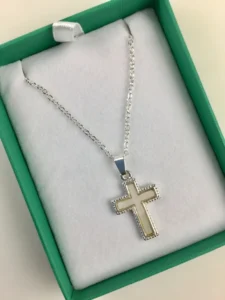 Inlaid Paua Shell Cross Pendant Silver Plated White