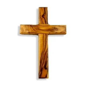 A 12cm handmade olivewood wall cross featuring natural wood grain patterns and smooth finish, crafted by artisans in Bethlehem for religious home decor.