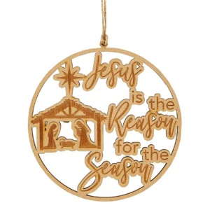 A laser-engraved wooden Christmas ornament featuring a nativity silhouette, perfect as a religious Christmas gift for holiday tree decorations.