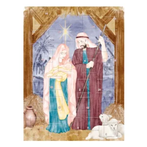 A decorative advent calendar featuring a serene watercolor illustration of the Holy Family, designed for Christmas holiday countdowns and seasonal home decor.