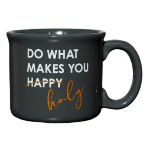 A cream-colored campfire-style stoneware mug featuring the inspirational text Do What Makes You Holy, perfect for serving coffee or tea in this stylish drinkware mug.