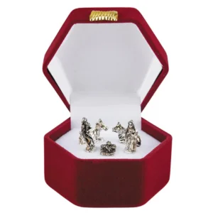A decorative 5-piece miniature nativity figurine set displayed inside a portable gift box with a handle, perfect as a Christian gift for the holiday season.