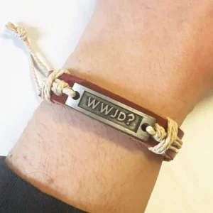 Adjustable leather drawstring bracelet from our wristbands and bracelets collection, featuring a metal plate inscribed with the inspirational WWJD acronym.