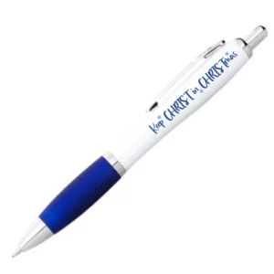 A 14cm blue and white ink pen featuring the Keep Christ in Christmas message, a popular choice for religious Christmas gifts and church outreach giveaways.