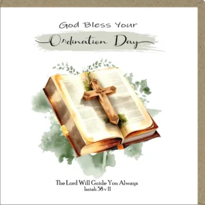 A 'God Bless Your Ordination Day' greeting card, perfect for celebrating this religious milestone.