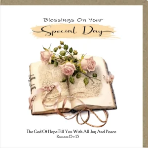 A close-up view of a 'Blessings On Your Your Special Day' birthday greeting card, showcasing its quality design printed on heavy-duty cardstock. The blank interior is ready for a personalized message, perfect for a birthday celebration or any special occasion.