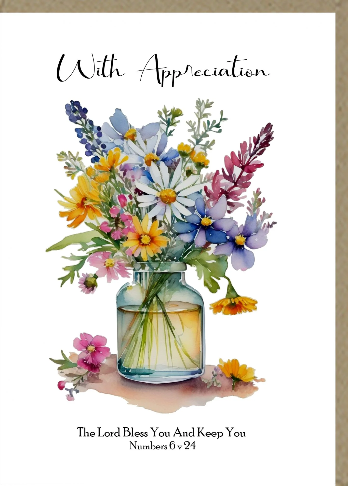 Close-up of a premium 'With Appreciation' greeting card, ideal for Thank You and Just To Say occasions. The heavy-duty card features a quality design and a blank interior for personal messages.