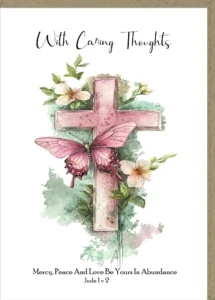 An elegant 'With Caring Thoughts' greeting card featuring a serene design, perfect for conveying heartfelt sympathy or thinking of you messages. This high-quality card is printed on heavy-duty stock.