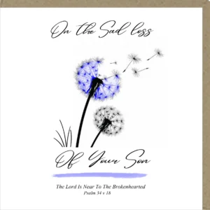 A 'On the Sad Loss of Your Son' sympathy greetings card, featuring the Potty Mouse character. This large, blank-inside card is part of a range of thinking of you and bereavement cards.