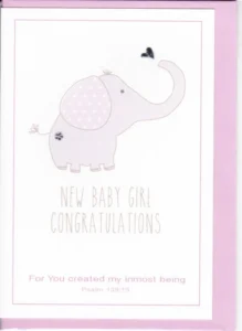 A Christian greeting card designed for a new baby girl, featuring a simple yet inspiring Christian message and artwork by Three Dot Cards, perfect for new baby blessings.
